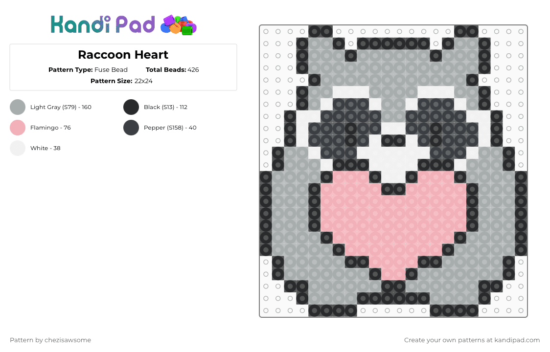 Raccoon Heart - Fuse Bead Pattern by chezisawsome on Kandi Pad - beige,gray,raccoon,heart,cute,animal,love