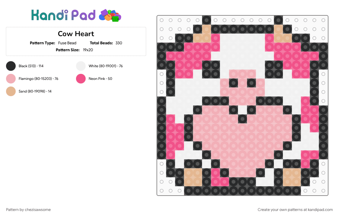 Cow Heart - Fuse Bead Pattern by chezisawsome on Kandi Pad - animal, beige, cow, cute, heart, love, pink