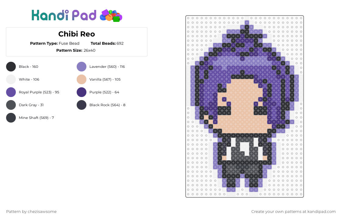 Chibi Reo - Fuse Bead Pattern by chezisawsome on Kandi Pad - anime, beige, blue lock, chibi, pink, purple, reo