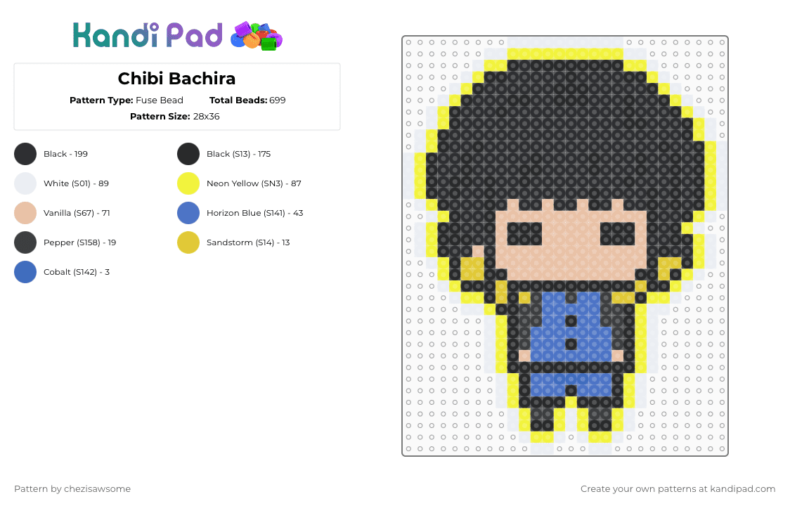 Chibi Bachira - Fuse Bead Pattern by chezisawsome on Kandi Pad - black,yellow,beige,bachira,anime,blue lock,chibi