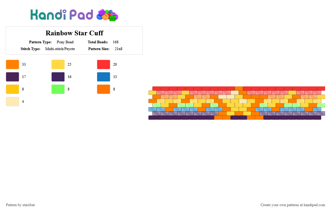 Rainbow Star Cuff - Pony Bead Pattern by stariibat on Kandi Pad - red,orange,purple,yellow,even peyote,star,rainbow,clear beads,cuff