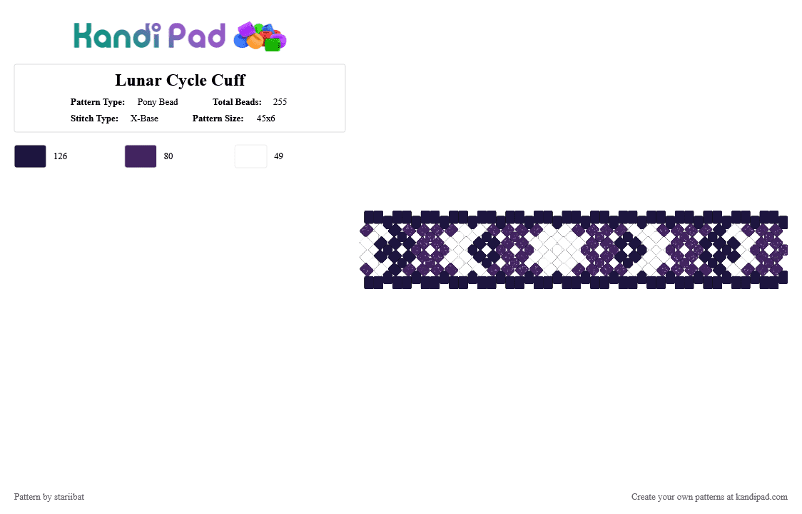 Lunar Cycle Cuff - Pony Bead Pattern by stariibat on Kandi Pad - crescent, cuff, lunar, lunar cycle, moon, moon phases, purple, white, xbase
