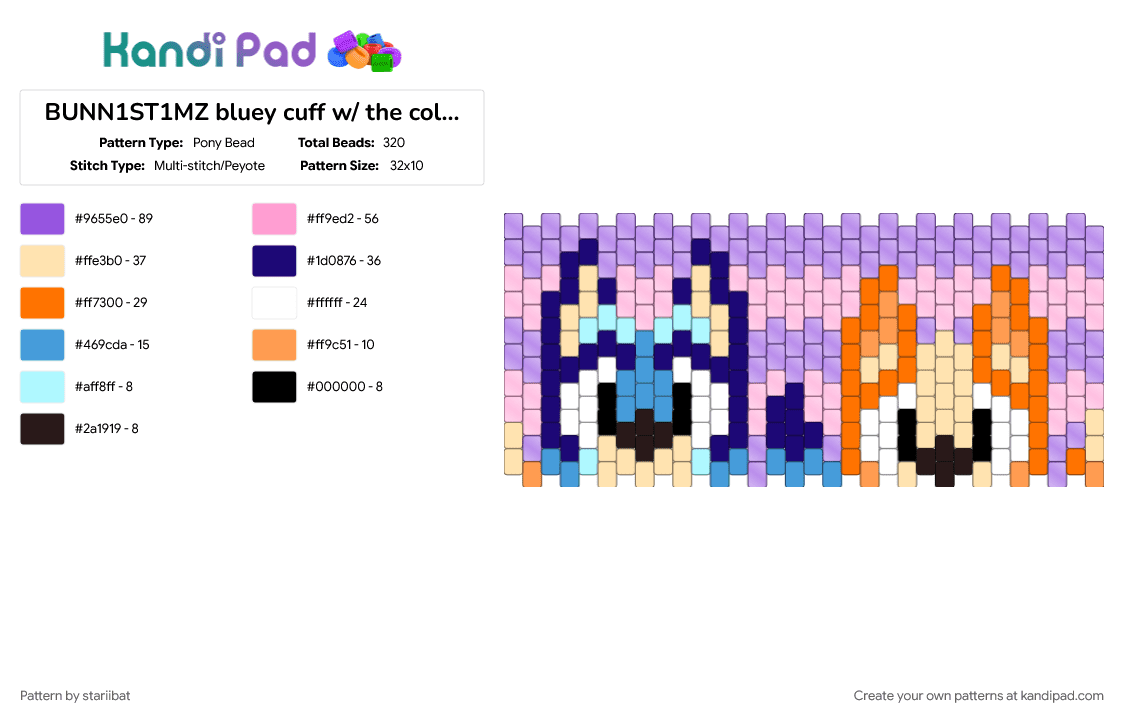 BUNN1ST1MZ bluey cuff w/ the colors i own (scuffed) - Pony Bead Pattern by stariibat on Kandi Pad - 