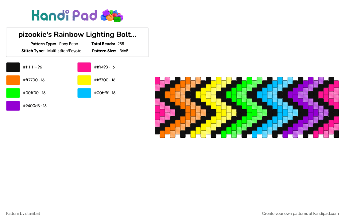 pizookie\'s Rainbow Lighting Bolt Cuff w/ clear beads - Pony Bead Pattern by stariibat on Kandi Pad - colorful, green, orange, purple