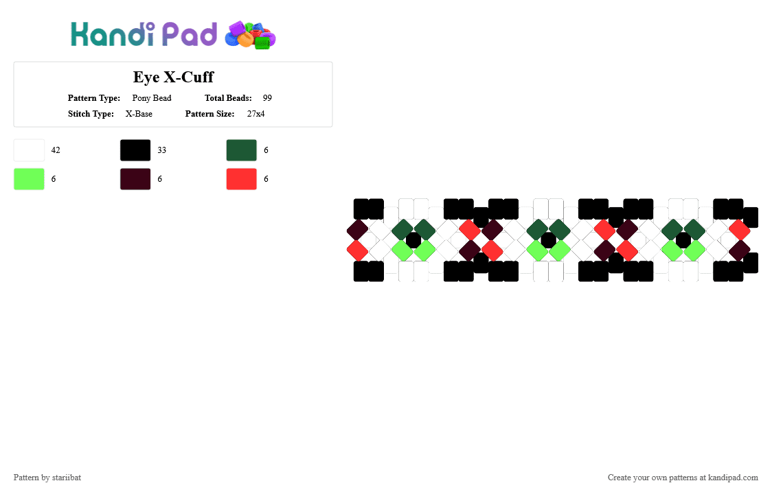 Eye X-Cuff - Pony Bead Pattern by stariibat on Kandi Pad - white,green,red,colorful