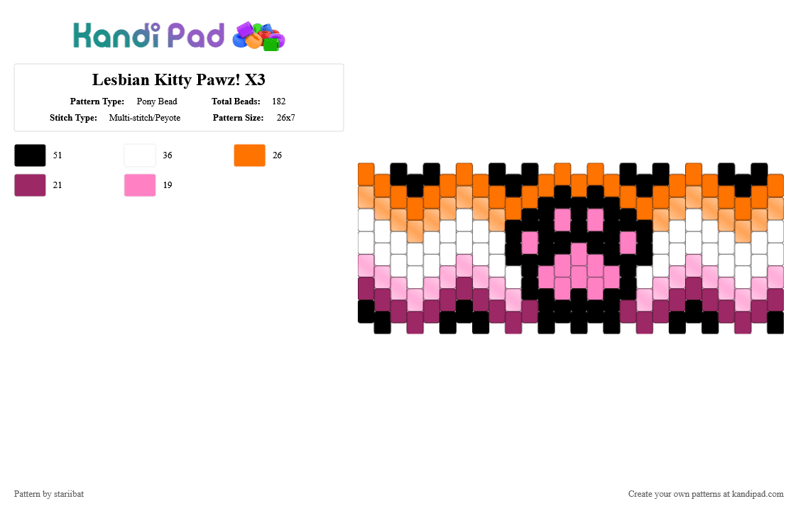 Lesbian Kitty Pawz! X3 - Pony Bead Pattern by stariibat on Kandi Pad - cat, cuff, kitty, lesbian, orange, paw, pink, pride