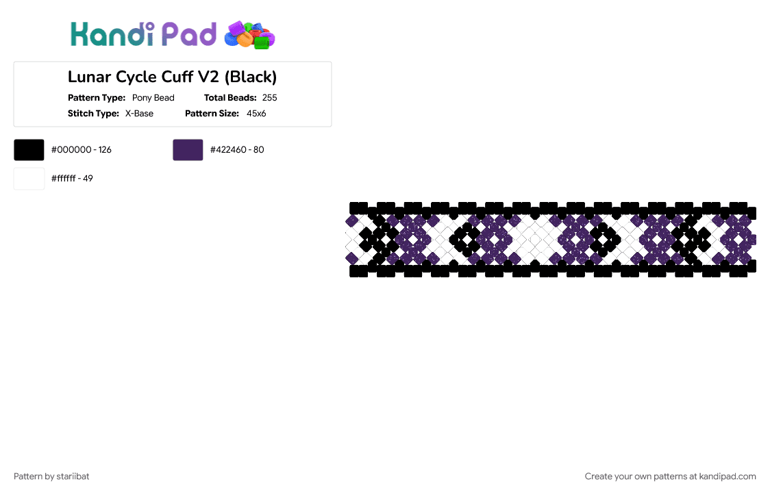 Lunar Cycle Cuff V2 (Black) - Pony Bead Pattern by stariibat on Kandi Pad - crescent, cuff, lunar, lunar cycle, moon, moon phases, purple, white, xbase