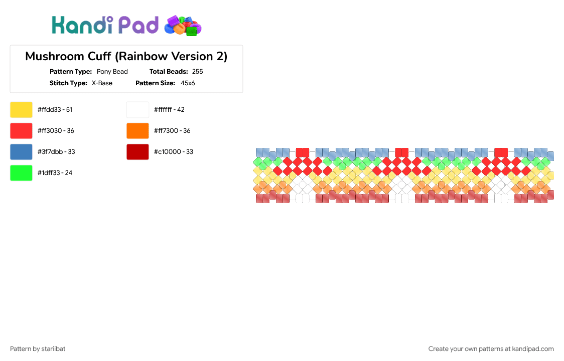 Mushroom Cuff (Rainbow Version 2) - Pony Bead Pattern by stariibat on Kandi Pad - mushroom, red, yellow