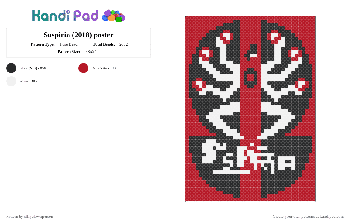 Suspiria (2018) poster - Fuse Bead Pattern by sillyclownperson on Kandi Pad - red,white,suspiria,poster,movie,film,minimalist,black