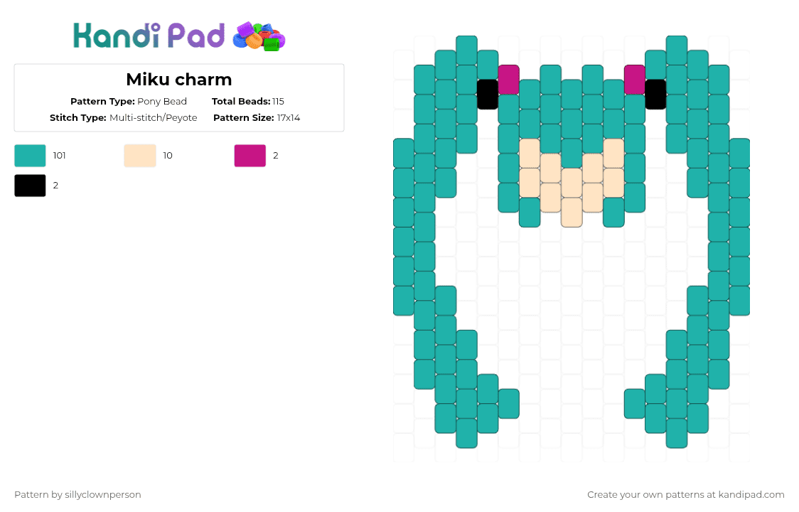 Miku charm - Pony Bead Pattern by sillyclownperson on Kandi Pad - teal,hatsune miku,charm,small,vocaloid,music,pjsk,singer,anime