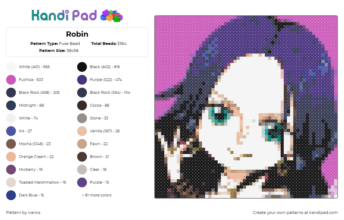 Robin - Fuse Bead Pattern by ivancs on Kandi Pad - anime,girl,purple hair,green eyes,gaze,passion,striking