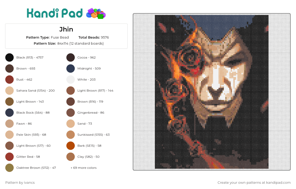 Jhin - Fuse Bead Pattern by ivancs on Kandi Pad - jhin,league of legends,portrait,lol,character,video game,mask,tan,black