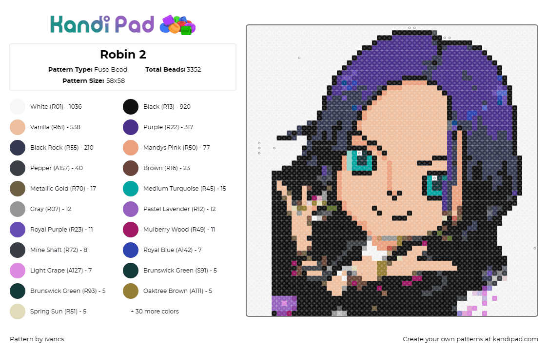 Robin 2 - Fuse Bead Pattern by ivancs on Kandi Pad - anime,girl,purple hair,green eyes,gaze,passion,striking,character