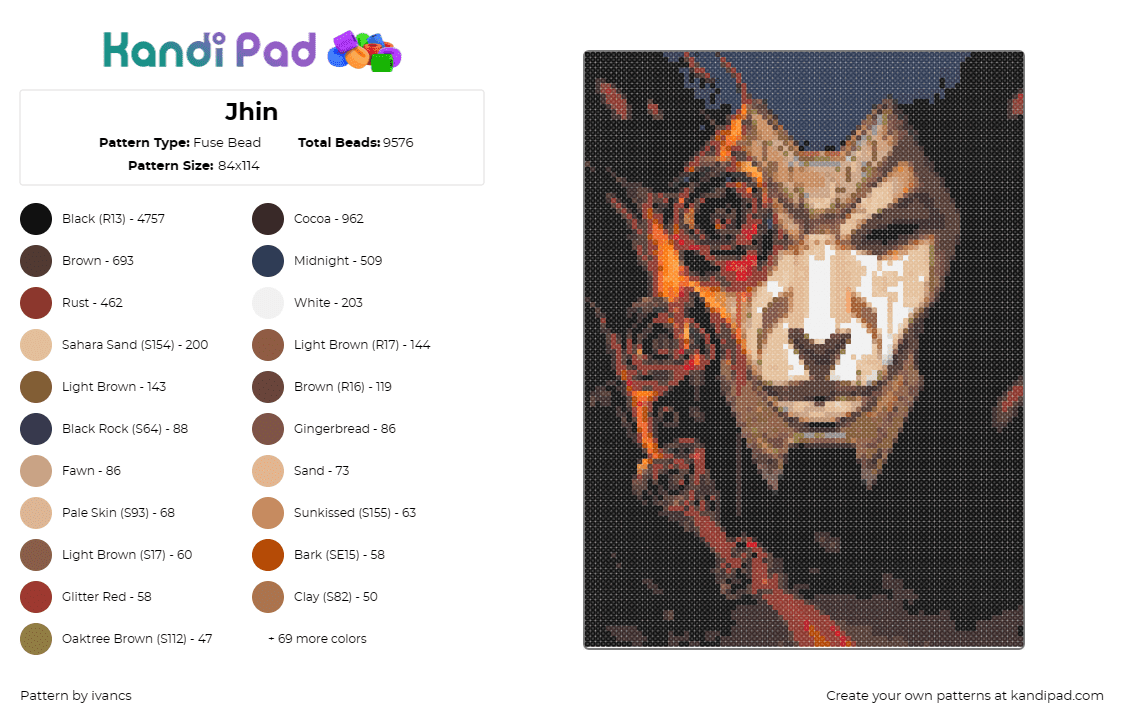 Jhin - Fuse Bead Pattern by ivancs on Kandi Pad - jhin,league of legends,portrait,lol,character,video game,mask,tan,black