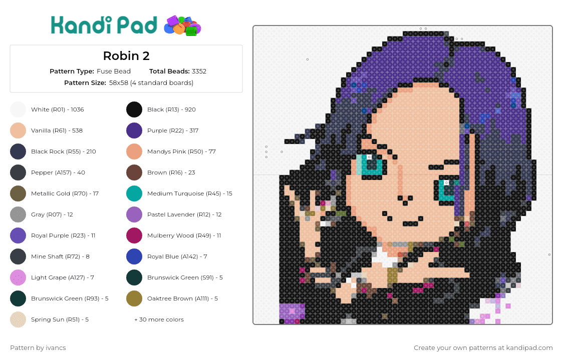 Robin 2 - Fuse Bead Pattern by ivancs on Kandi Pad - anime,girl,purple hair,green eyes,captivating,gaze,passion,striking,character
