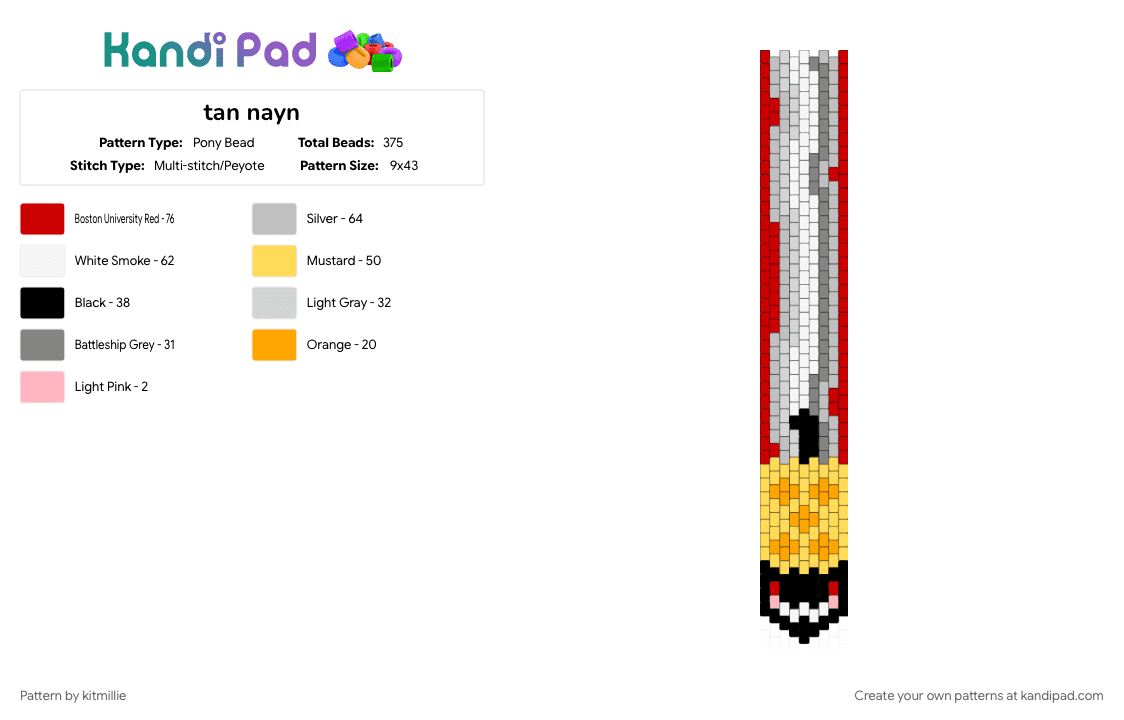 tan nayn - Pony Bead Pattern by kitmillie on Kandi Pad - beige, red, yellow