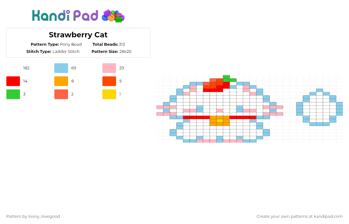 Strawberry Cat - Pony Bead Pattern by loony_lovegood on Kandi Pad - white,pink,light blue,red,cotdcooking