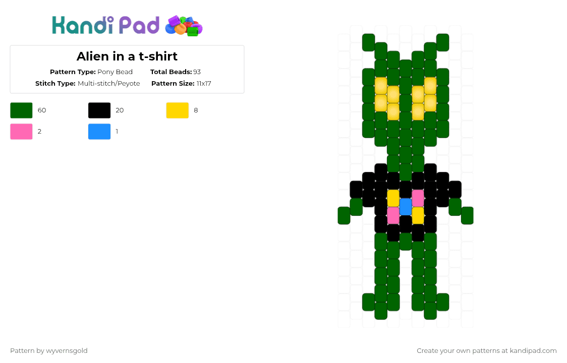 Alien in a t-shirt - Pony Bead Pattern by wyvernsgold on Kandi Pad - green,alien