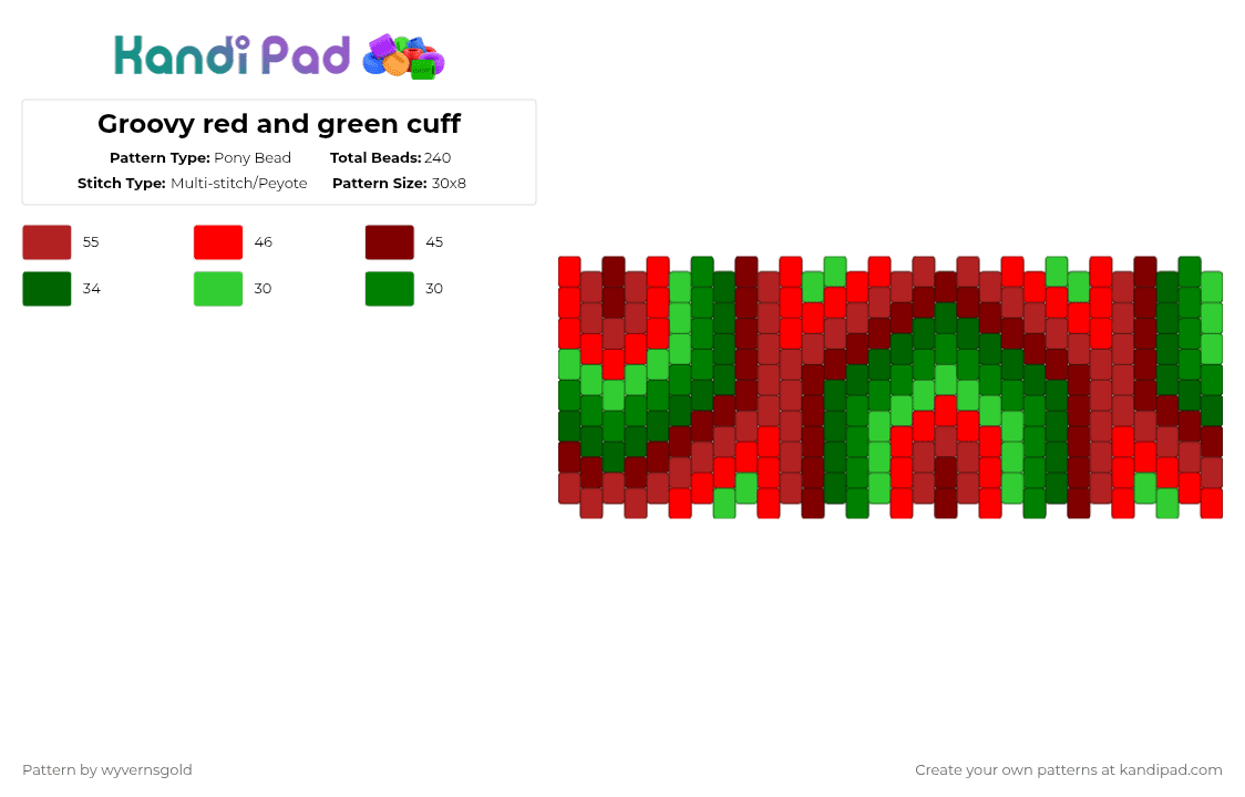 Groovy red and green cuff - Pony Bead Pattern by wyvernsgold on Kandi Pad - green,red,cotdcomplementarycolors