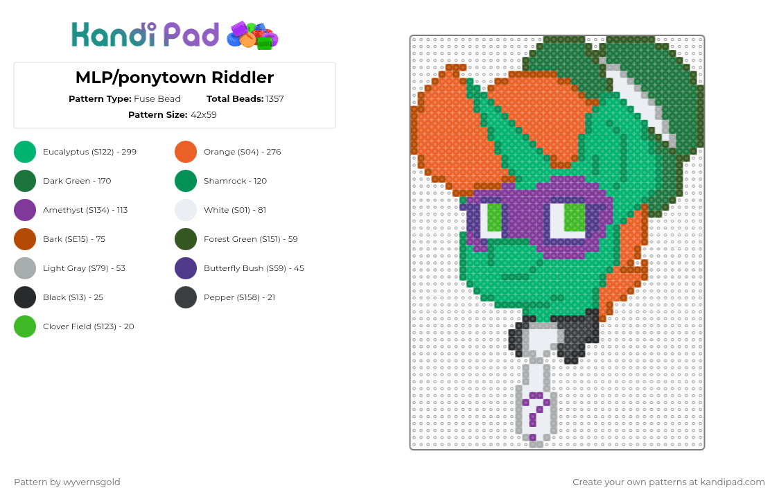 MLP/ponytown Riddler - Fuse Bead Pattern by wyvernsgold on Kandi Pad - green,orange,unicorn,ponytown,riddler,mlp