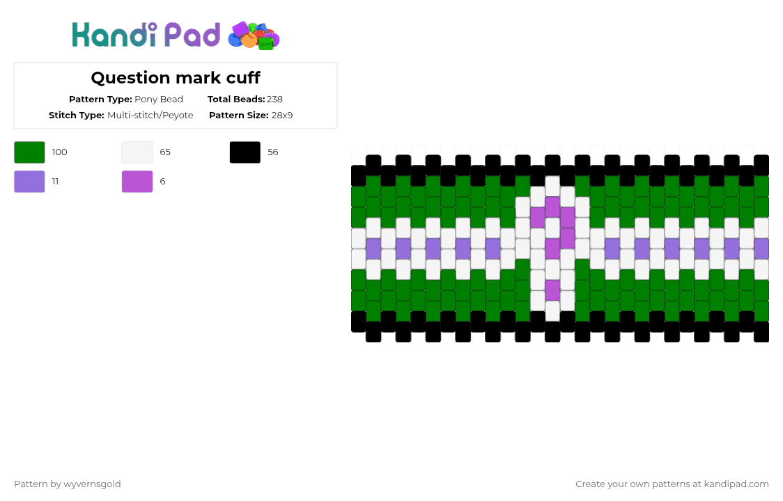 Question mark cuff - Pony Bead Pattern by wyvernsgold on Kandi Pad - green,riddler,dc riddler,dc rogues,character