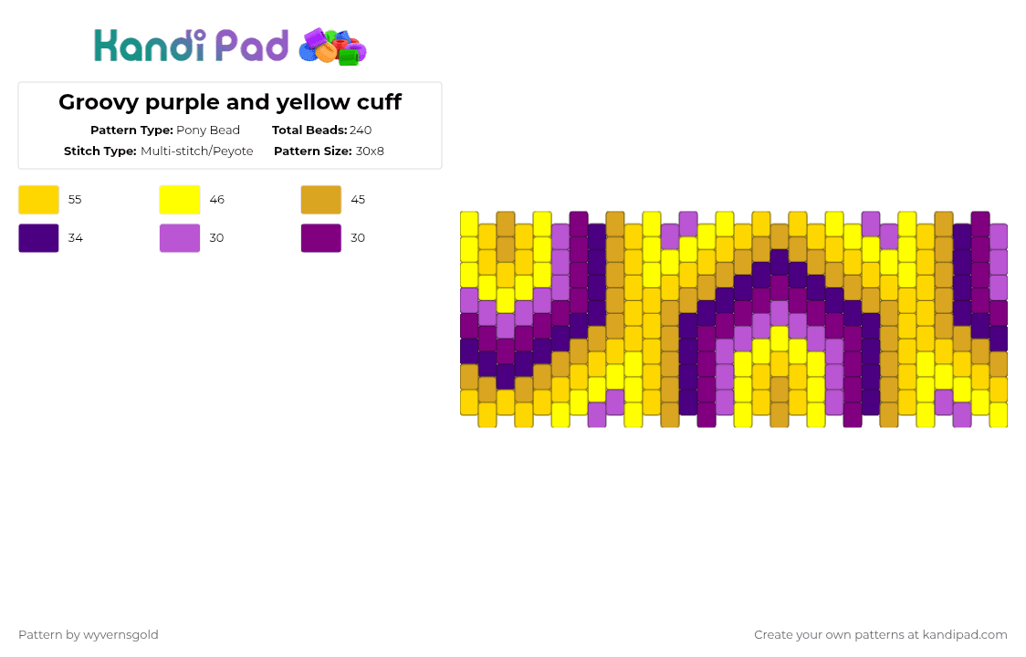 Groovy purple and yellow cuff - Pony Bead Pattern by wyvernsgold on Kandi Pad - pink,yellow,cotdcomplementarycolors