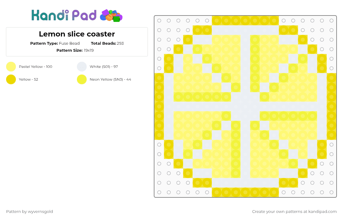 Lemon slice coaster - Fuse Bead Pattern by wyvernsgold on Kandi Pad - white,yellow,cotdsour,lemon,citrus,coaster