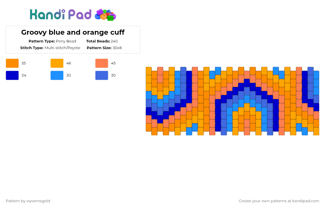 Groovy blue and orange cuff - Pony Bead Pattern by wyvernsgold on Kandi Pad - orange,cotdcomplementarycolors