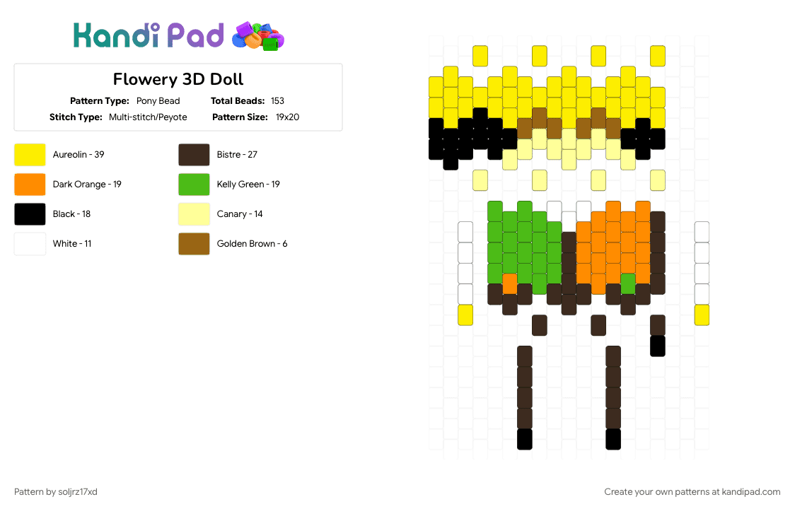 Flowery 3D Doll - Pony Bead Pattern by soljrz17xd on Kandi Pad - brown, character, deltarune, doll, flower, flowery, video game, yellow