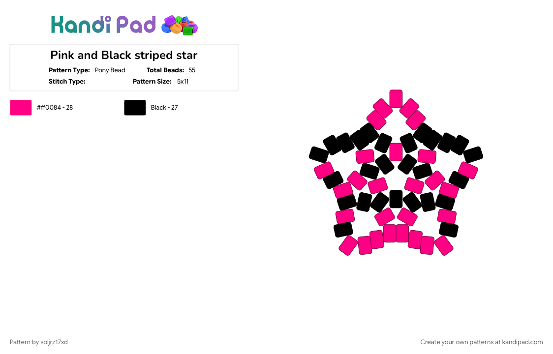 Pink and Black striped star - Pony Bead Pattern by soljrz17xd on Kandi Pad - black, pink
