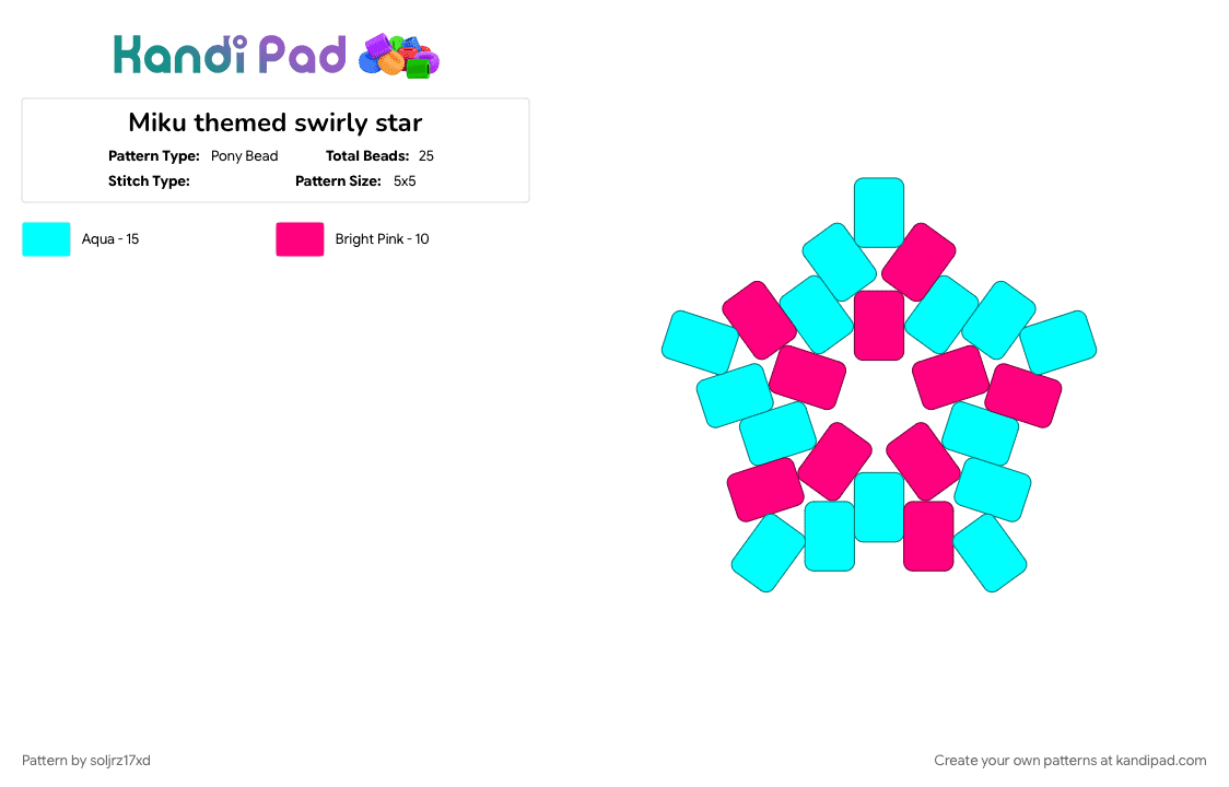 Miku themed swirly star - Pony Bead Pattern by soljrz17xd on Kandi Pad - hatsune miku, light blue, miku, pink, project sekai