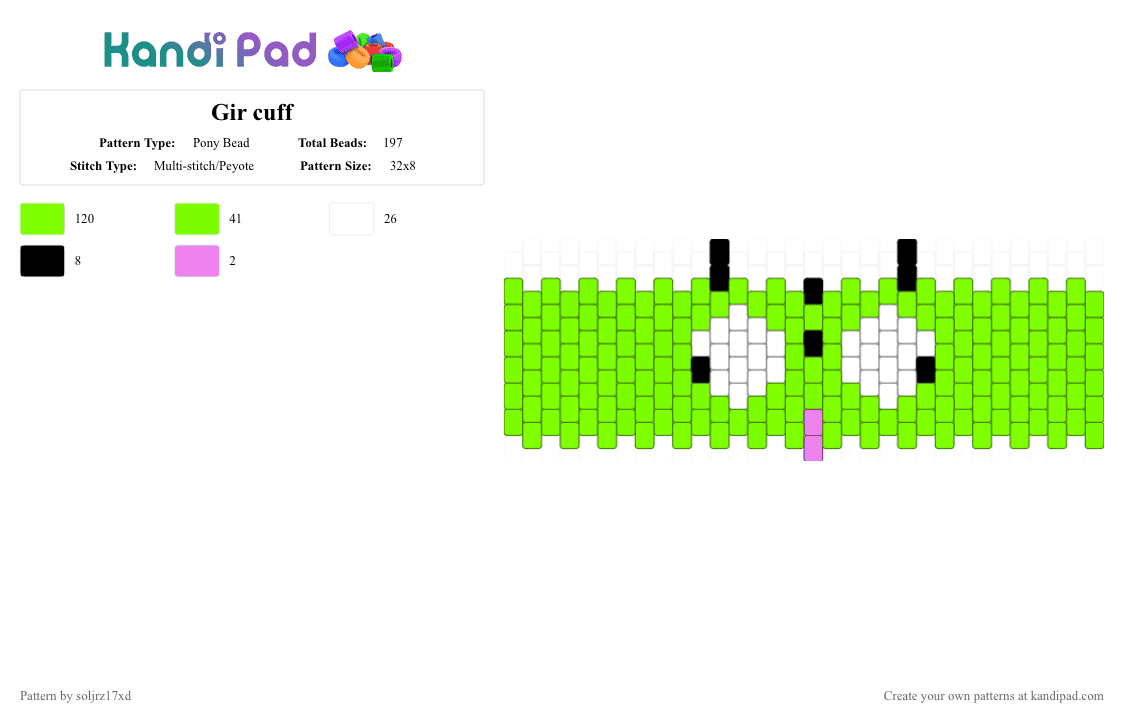 Gir cuff - Pony Bead Pattern by soljrz17xd on Kandi Pad - green,gir,invader zim