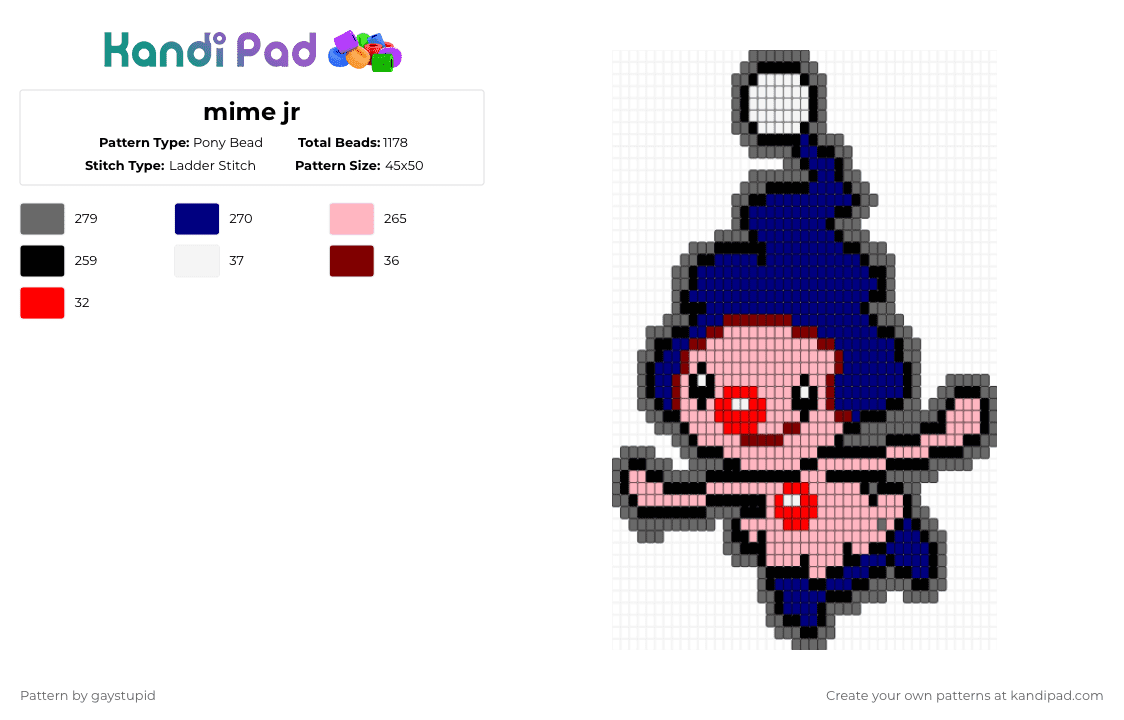 mime jr - Pony Bead Pattern by gaystupid on Kandi Pad - gray,purple,pink,pokemon,mime,mime jr,fairy,cute,mr mime