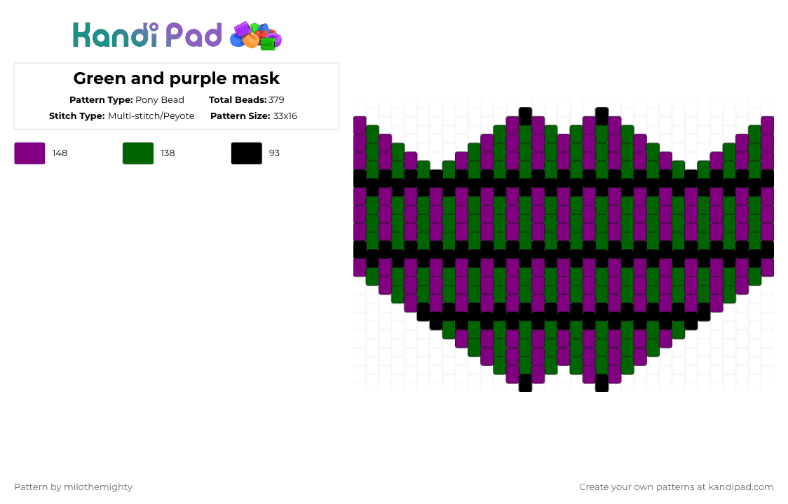 Green and purple mask Pony Bead Pattern - Kandi Pad | Kandi Patterns ...