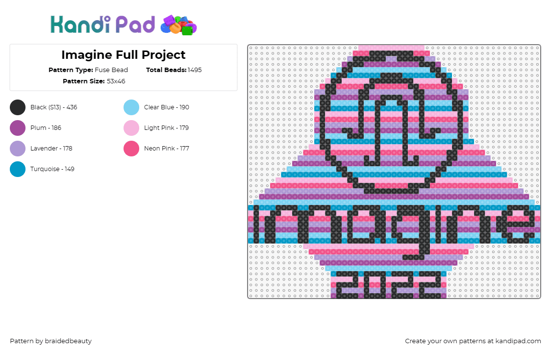 Imagine Full Project - Fuse Bead Pattern by braidedbeauty on Kandi Pad - imagine,festival,edm,music,celebration,audio,rhythm,event,pink