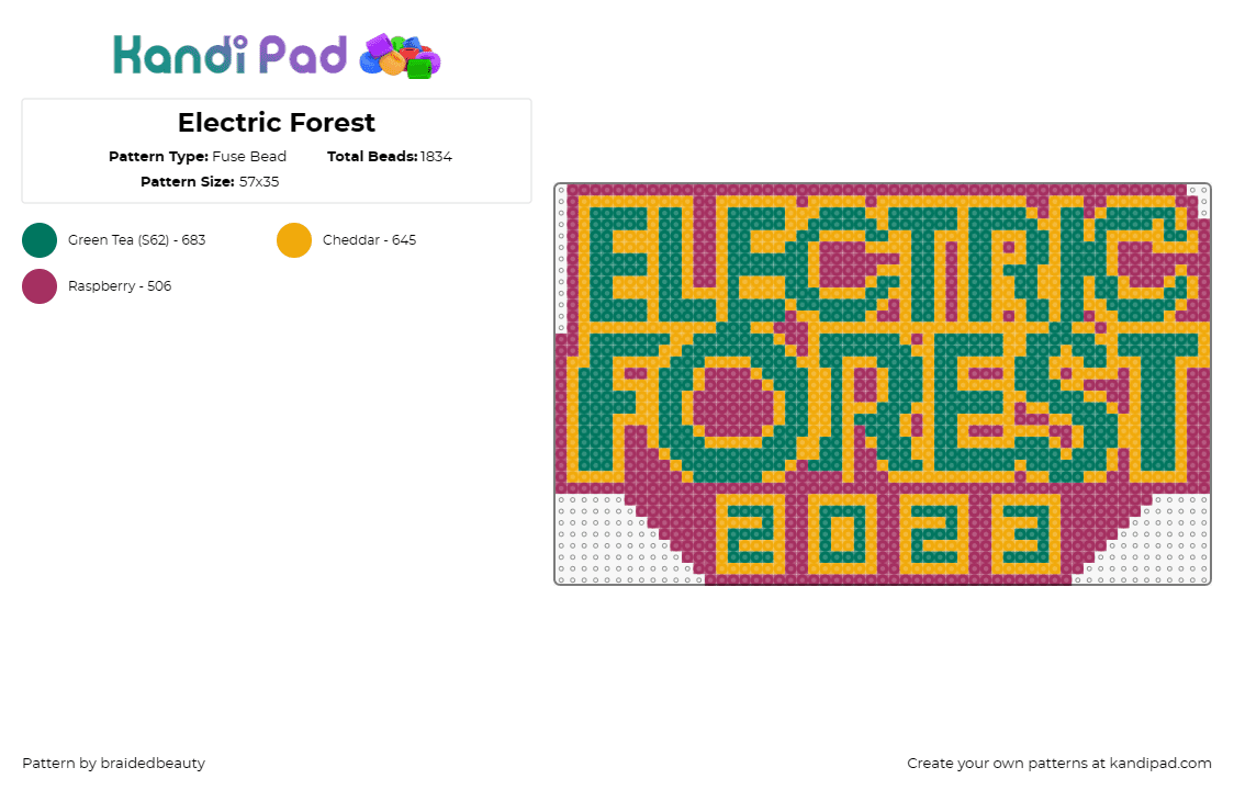 Electric Forest - Fuse Bead Pattern by braidedbeauty on Kandi Pad - electric forest,festival,edm,music,vibrant,energy,commemorate,passion,green