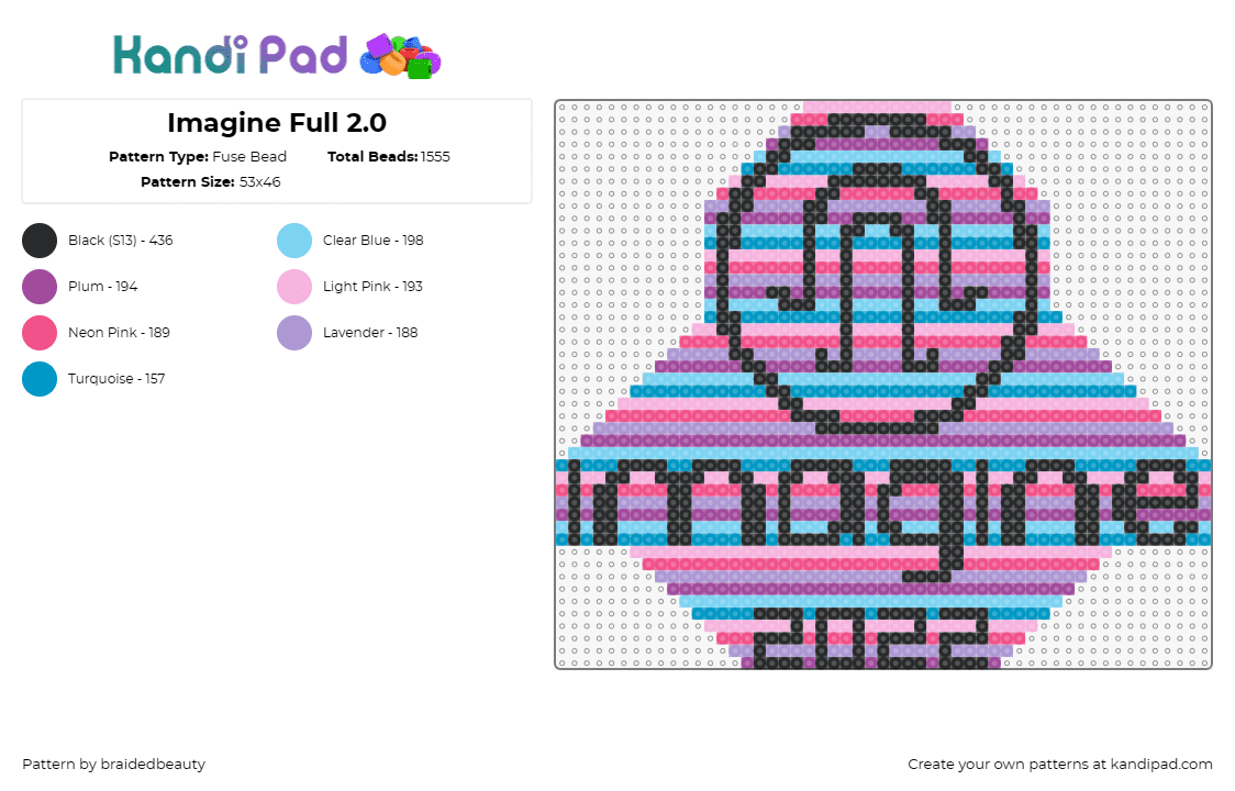 Imagine Full 2.0 - Fuse Bead Pattern by braidedbeauty on Kandi Pad - imagine,festival,edm,music,celebration,audio,rhythm,event,pink