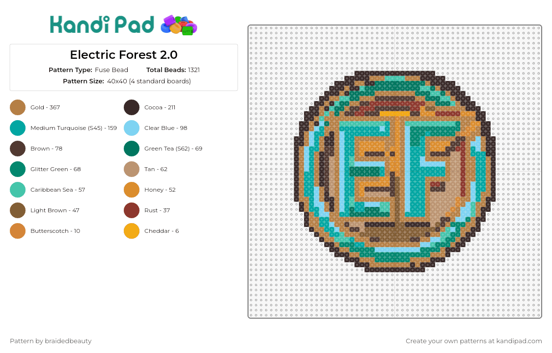 Electric Forest 2.0 - Fuse Bead Pattern by braidedbeauty on Kandi Pad - electric forest,festival,ef,music,edm,emblem,electronic,adventure,celebration,brown,teal