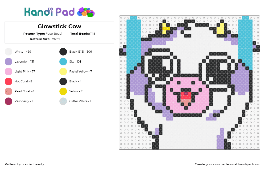 Glowstick Cow - Fuse Bead Pattern by braidedbeauty on Kandi Pad - cow,glowsticks,rave,cute,animal charm,party accessory,whimsical,fun-loving,white