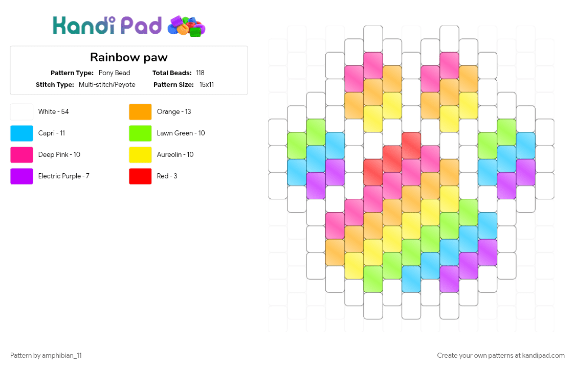 Rainbow paw - Pony Bead Pattern by amphibian_11 on Kandi Pad - colorful, green, pink, white, yellow