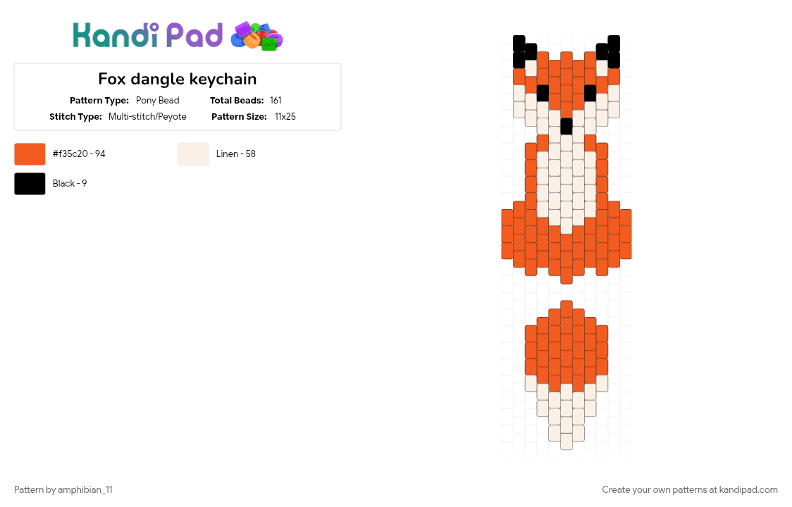 Fox dangle keychain - Pony Bead Pattern by amphibian_11 on Kandi Pad - orange, white