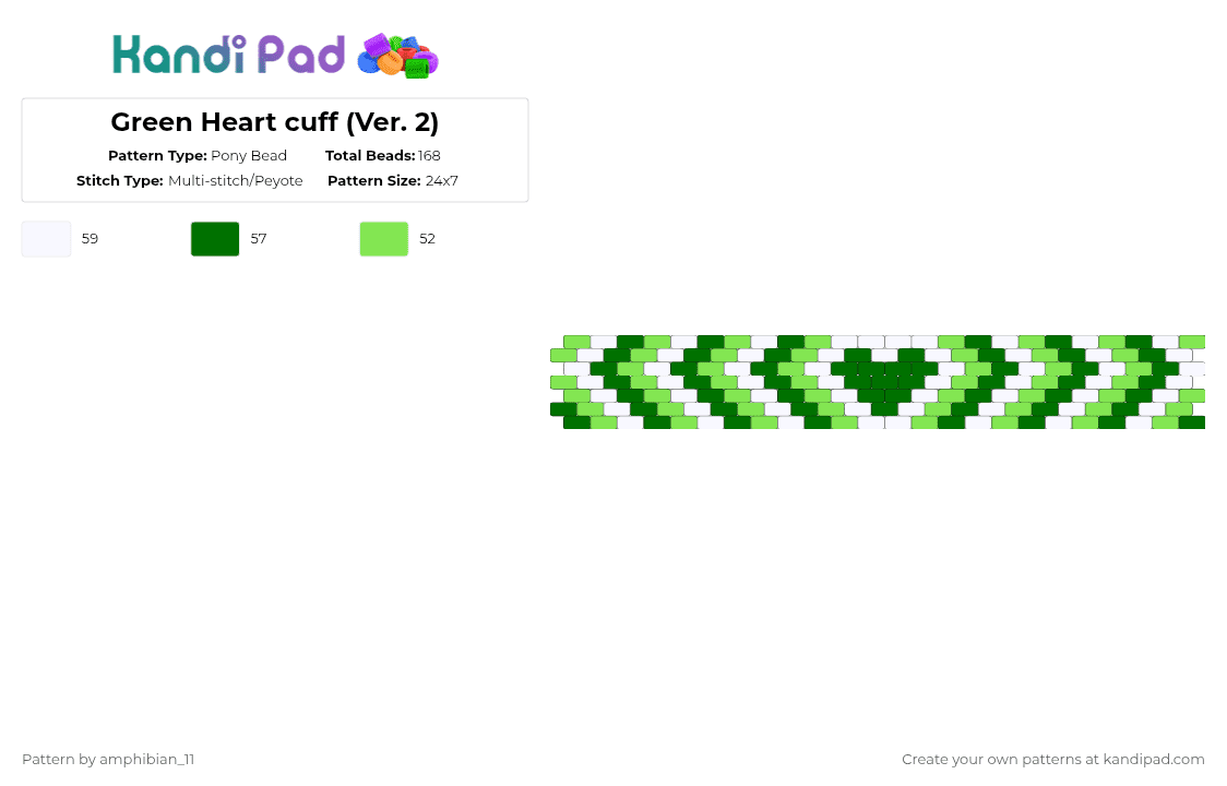 Green Heart cuff (Ver. 2) - Pony Bead Pattern by amphibian_11 on Kandi Pad - white,green