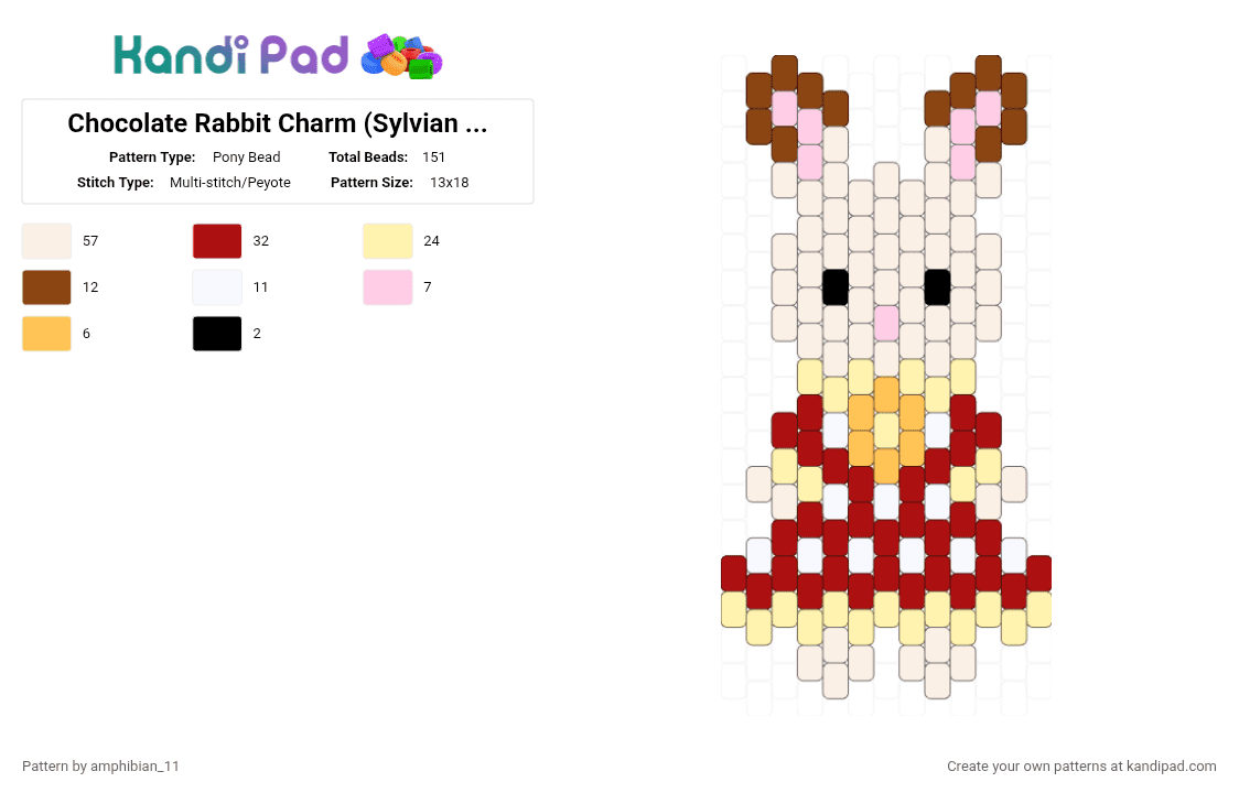 Chocolate Rabbit Charm (Sylvian Families) - Pony Bead Pattern by amphibian_11 on Kandi Pad - white,red,yellow