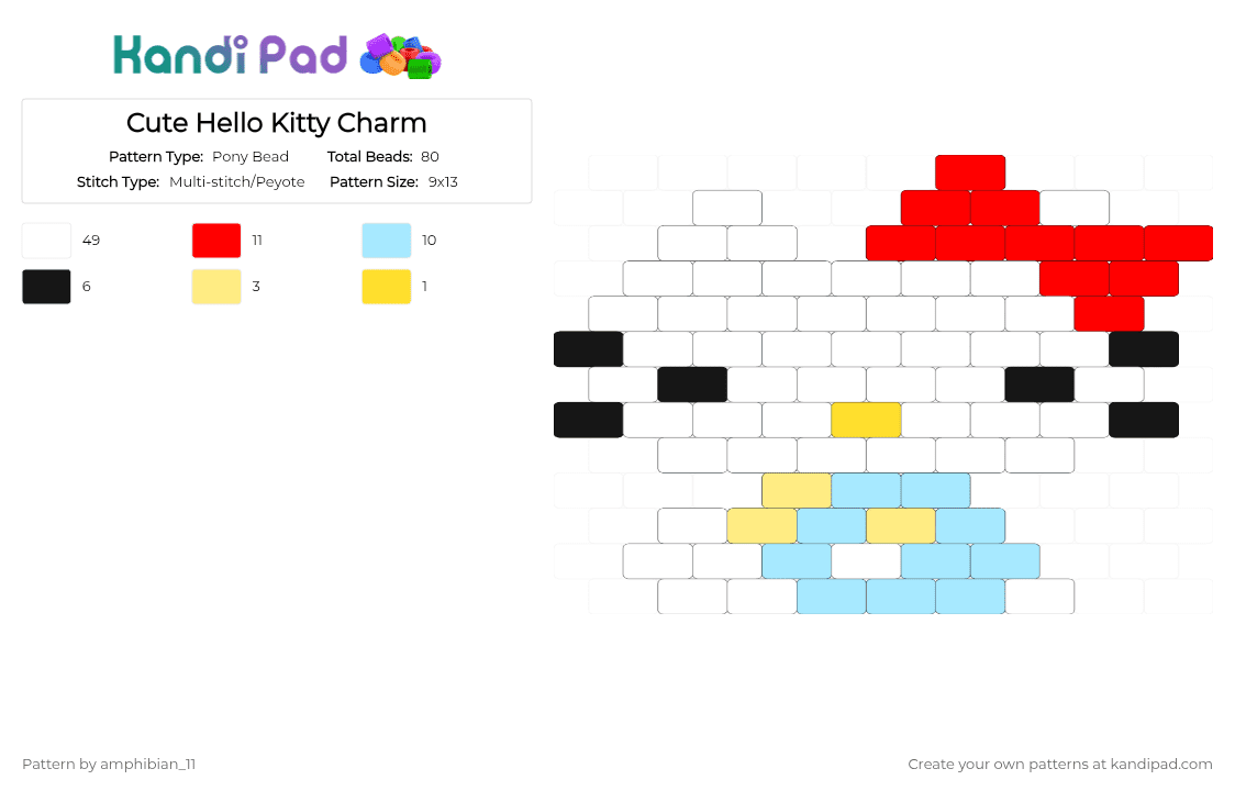 Cute Hello Kitty Charm - Pony Bead Pattern by amphibian_11 on Kandi Pad - white,red,light blue