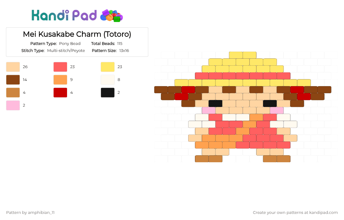 Mei Kusakabe Charm (Totoro) - Pony Bead Pattern by amphibian_11 on Kandi Pad - beige,red,yellow