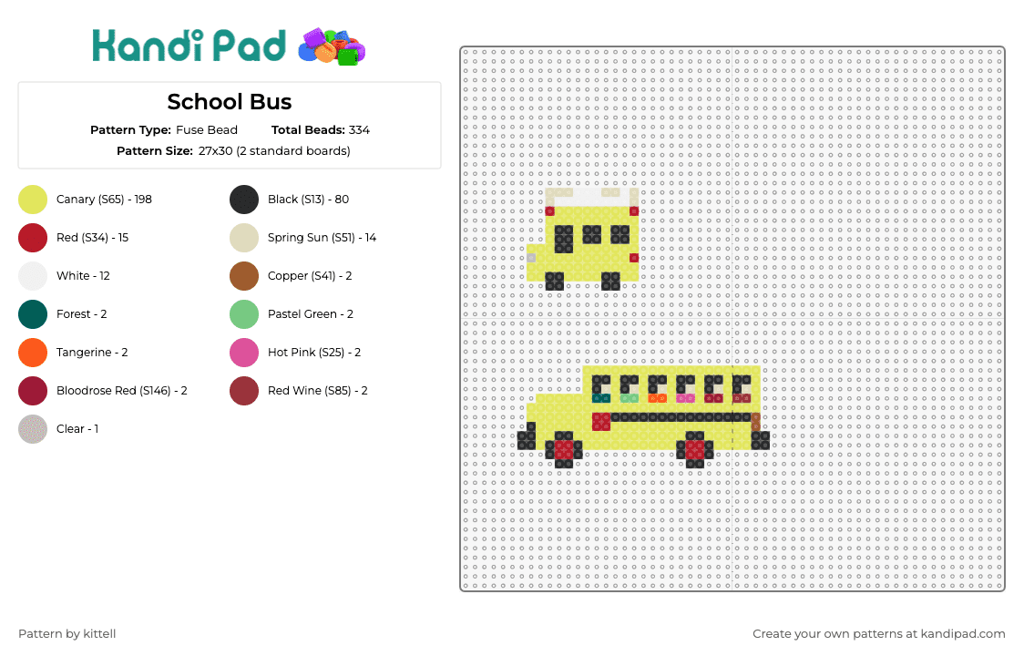 School Bus - Fuse Bead Pattern by kittell on Kandi Pad - school,bus,vehicle,automobile,playful,childhood,memories,adventures,yellow