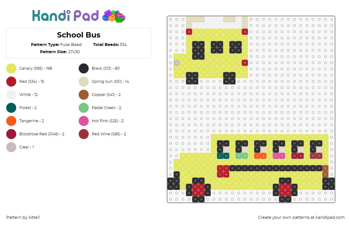 School Bus - Fuse Bead Pattern by kittell on Kandi Pad - school,bus,vehicle,automobile,playful,childhood,memories,adventures,yellow