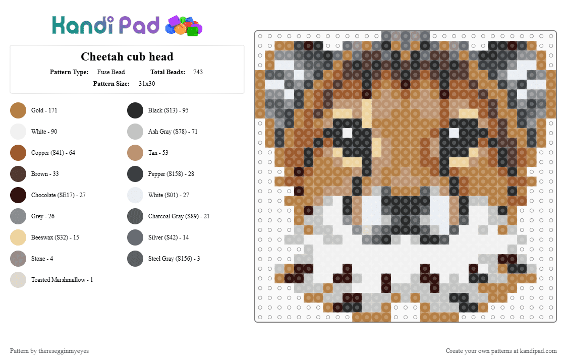 Cheetah cub head - Fuse Bead Pattern by theresegginmyeyes on Kandi Pad - tan,beige,animal,cheetah cub,cheetah