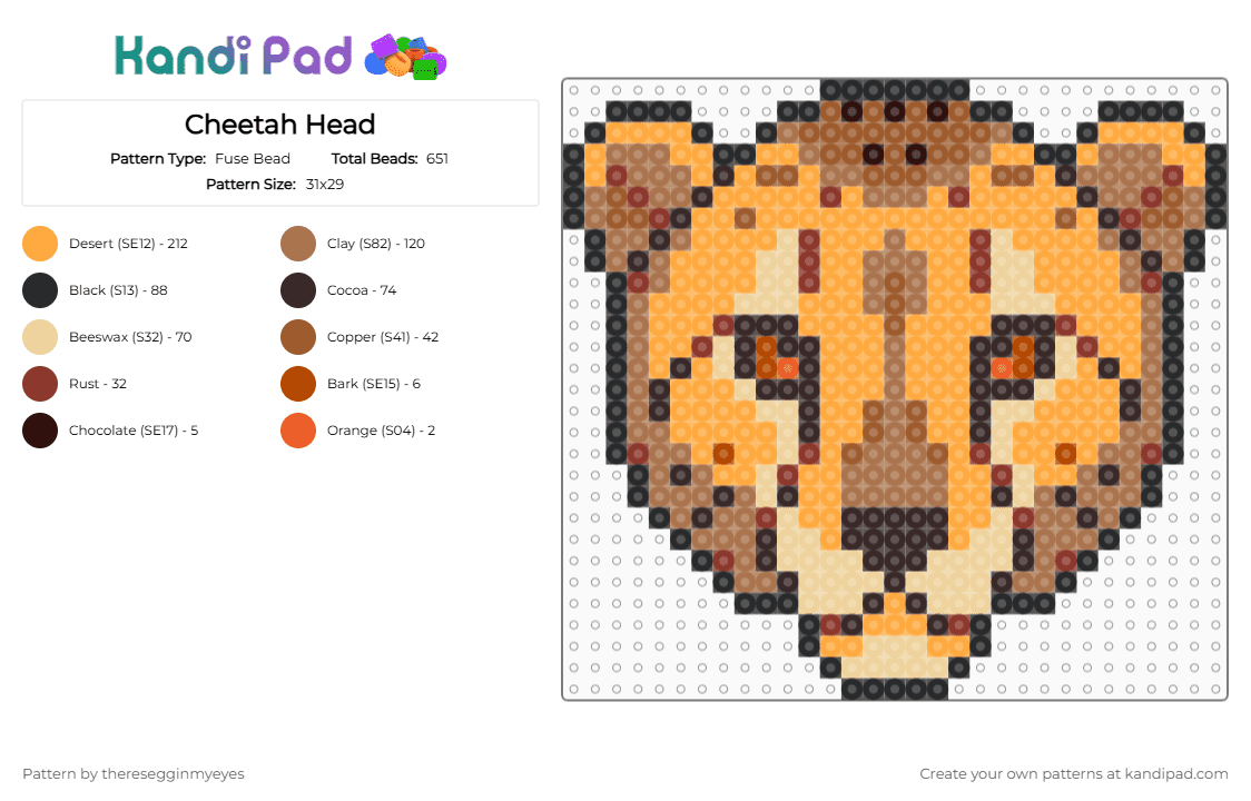Cheetah Head - Fuse Bead Pattern by theresegginmyeyes on Kandi Pad - orange,tan,animal,cheetah