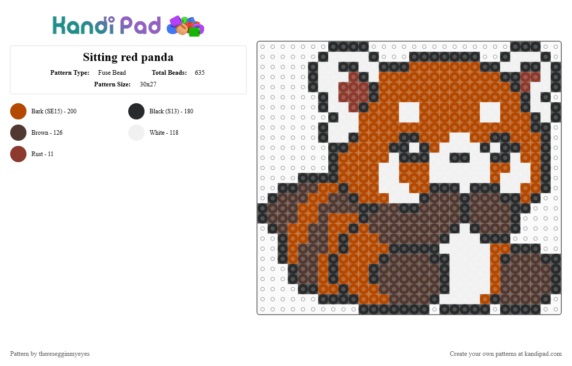 Sitting red panda - Fuse Bead Pattern by theresegginmyeyes on Kandi Pad - red,brown,animal,red panda,cute,sitting,cotdzooanimals